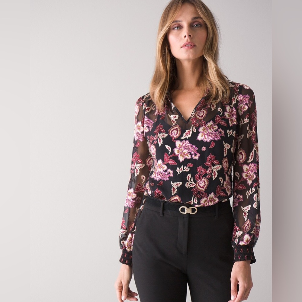 NEW White House Black Market Long Sleeve Silk Burnout Blouse XXS Black Floral